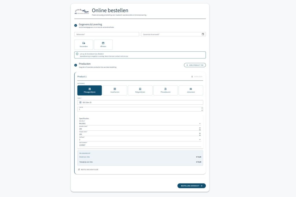 Besteltool van Rol Techniek Benelux met een plisségordijn geconfigureerd op kleur, breedte en hoogte, inclusief automatisch prijsoverzicht