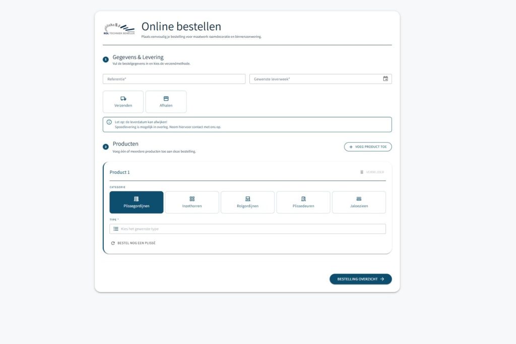 Besteltool van Rol Techniek Benelux waarin een dealer de productcategorie kiest: plissé, inzethorren, rolgordijnen, plissédeuren of jaloezieën