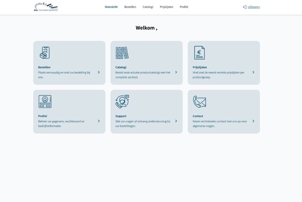 Startscherm van het dealersportaal van Rol Techniek Benelux met tegels voor bestellen, catalogi, prijslijsten, profiel, support en contact